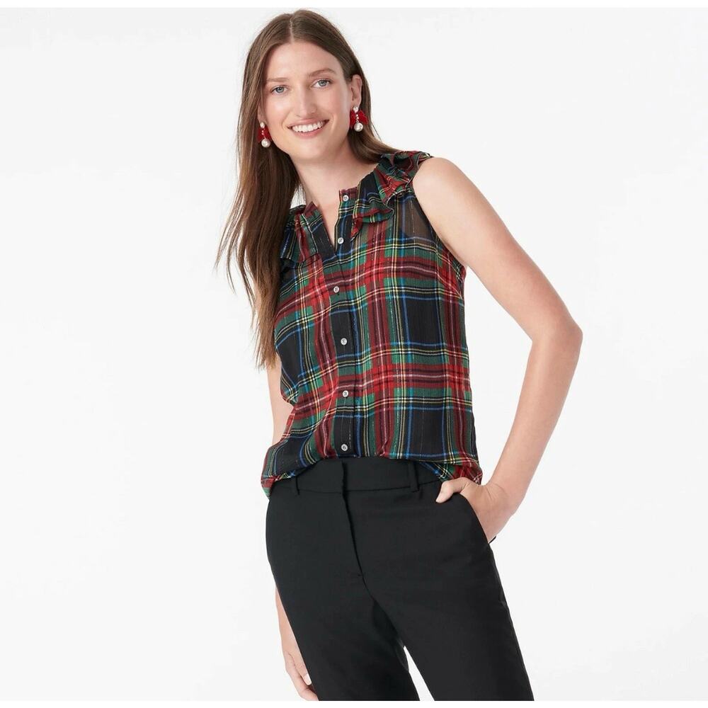 J. Crew Women's Sleeveless Ruffle-Collar Top In Black Stewart Tartan Size Small